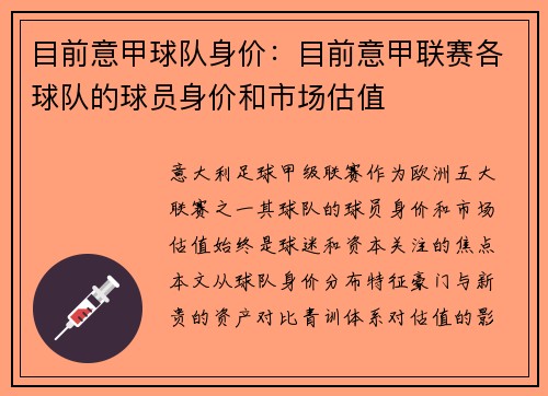 目前意甲球队身价：目前意甲联赛各球队的球员身价和市场估值
