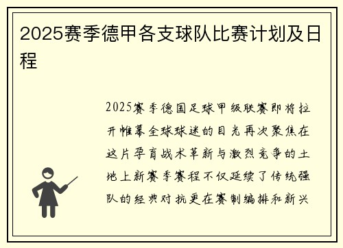 2025赛季德甲各支球队比赛计划及日程